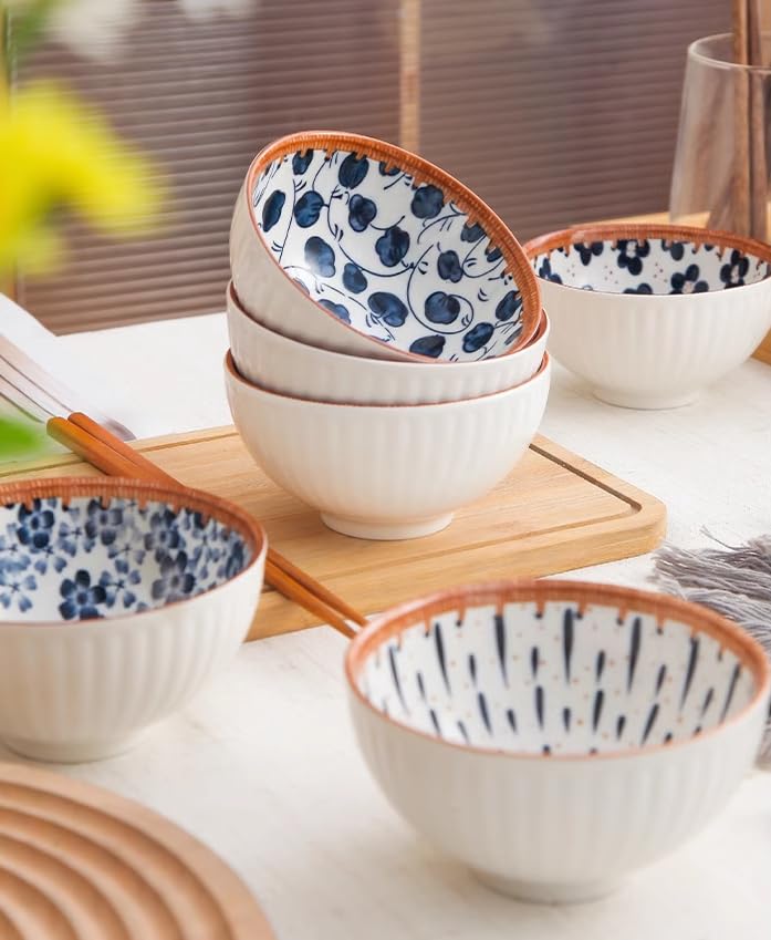 Agabani Japanese Asian Cuisine Dinner Set, Bowls Serving for Pasta, Salad, Noodle, Dessert, Oatmeal, Rice, Snack, Soup White and Blue Porcelain Bowls for Kitchen, Dinner Bowl Set of 6(2plate+4bowl) - Image 3