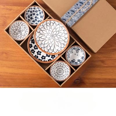 Agabani Japanese Asian Cuisine Dinner Set, Bowls Serving for Pasta, Salad, Noodle, Dessert, Oatmeal, Rice, Snack, Soup White and Blue Porcelain Bowls for Kitchen, Dinner Bowl Set of 6(2plate+4bowl) - Image 1