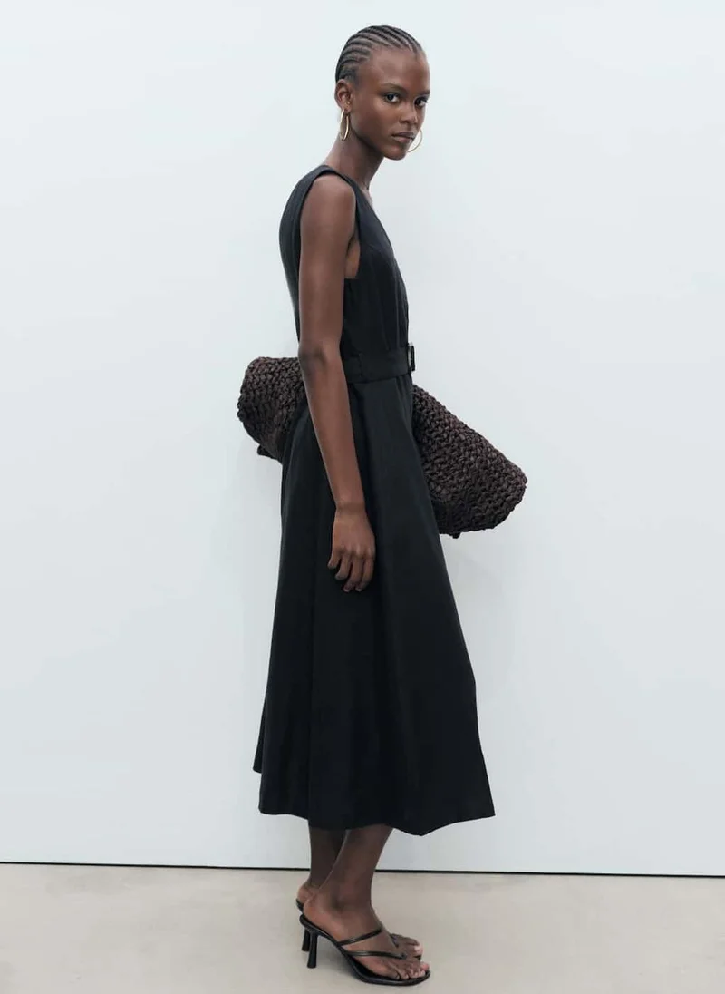 مانجو Flared Linen Belt Dress