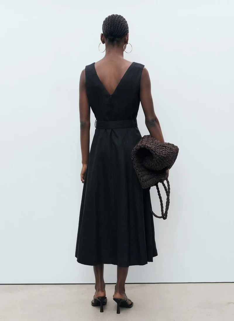 مانجو Flared Linen Belt Dress
