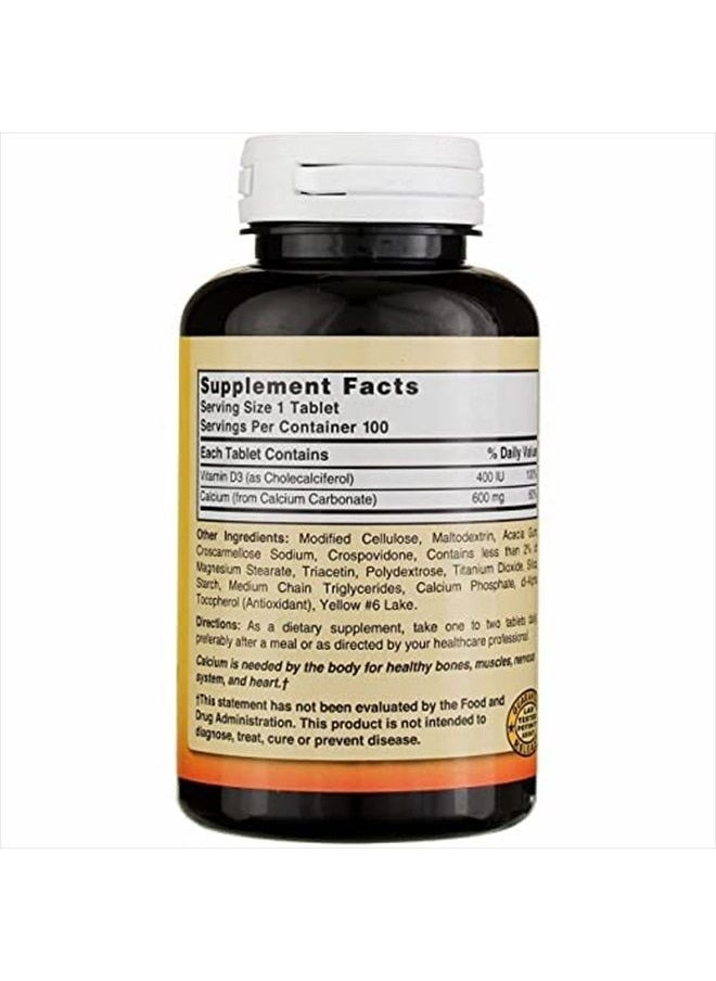 Calcium Carbonate 600 mg with D3 400 IU 100 Tablets,(Pack of 1), 079854016819