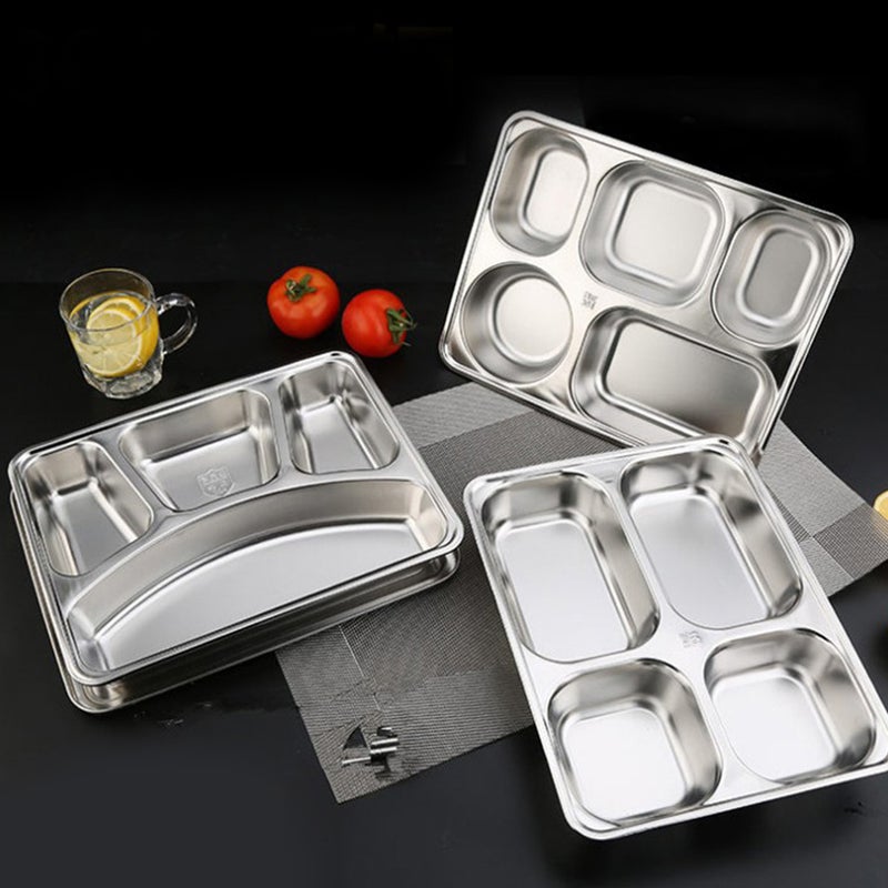 2pcs 304 Stainless Steel Bowl Dinner Tray Drop-Proof Rice Dishes Separate Plates Cutlery (Five Grid Fast Food Plate) - Image 5