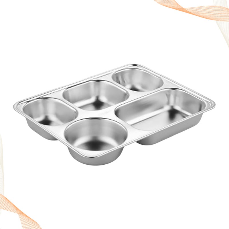 2pcs 304 Stainless Steel Bowl Dinner Tray Drop-Proof Rice Dishes Separate Plates Cutlery (Five Grid Fast Food Plate) - Image 2