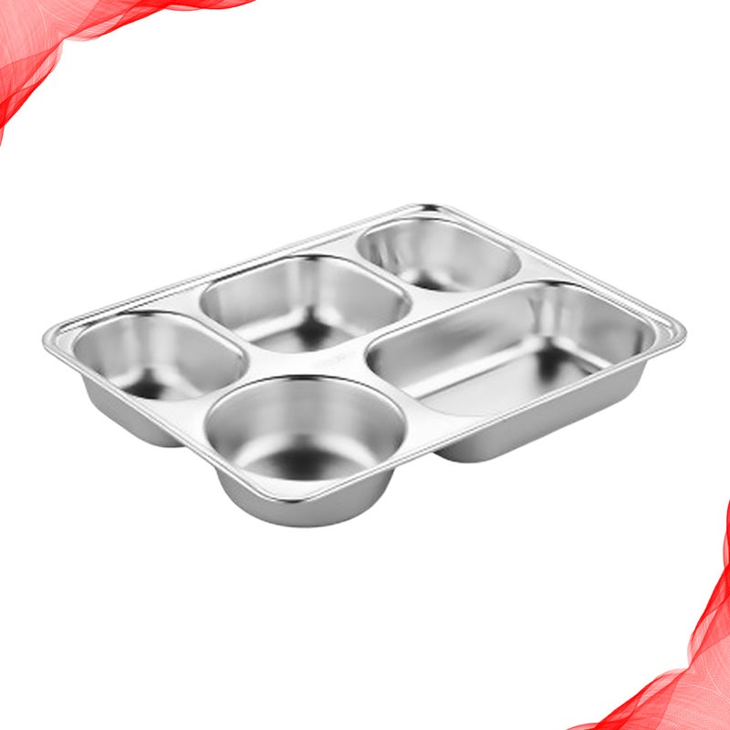 2pcs 304 Stainless Steel Bowl Dinner Tray Drop-Proof Rice Dishes Separate Plates Cutlery (Five Grid Fast Food Plate) - Image 4
