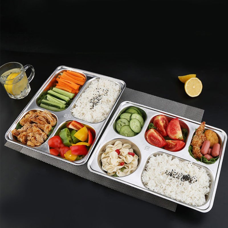 2pcs 304 Stainless Steel Bowl Dinner Tray Drop-Proof Rice Dishes Separate Plates Cutlery (Five Grid Fast Food Plate) - Image 3