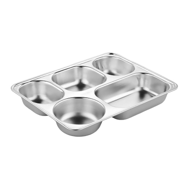 2pcs 304 Stainless Steel Bowl Dinner Tray Drop-Proof Rice Dishes Separate Plates Cutlery (Five Grid Fast Food Plate) - Image 1