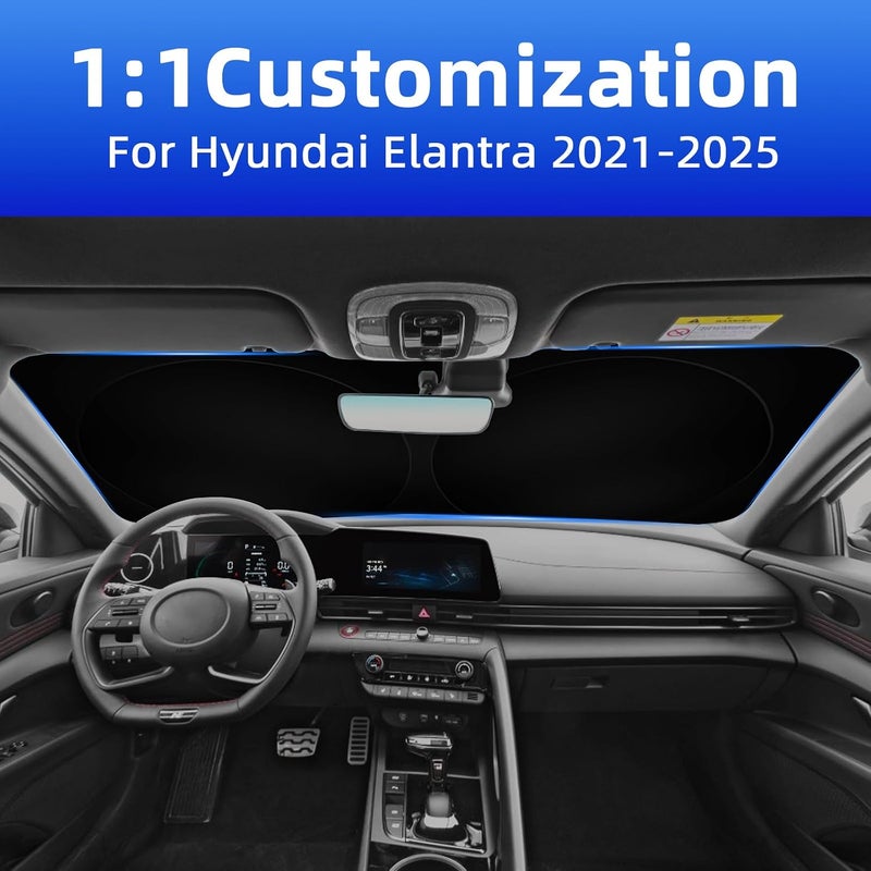 FSHAANY'S Windshield Sun Shade Intended for Hyundai Elantra 2021-2025, Front Window Shades Custom Fit for Elantra, Foldable Car Sun Shield with Steering Wheel Sunshade to Block UV Keep Car Cool - Image 2