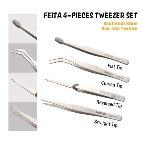 FEITA Professional Craft Tweezers Stainless Steel Precision Tweezer Set for Hobby, Electronics, Model Making, Jewelry Picking Tool - 4 Pieces - Image 3