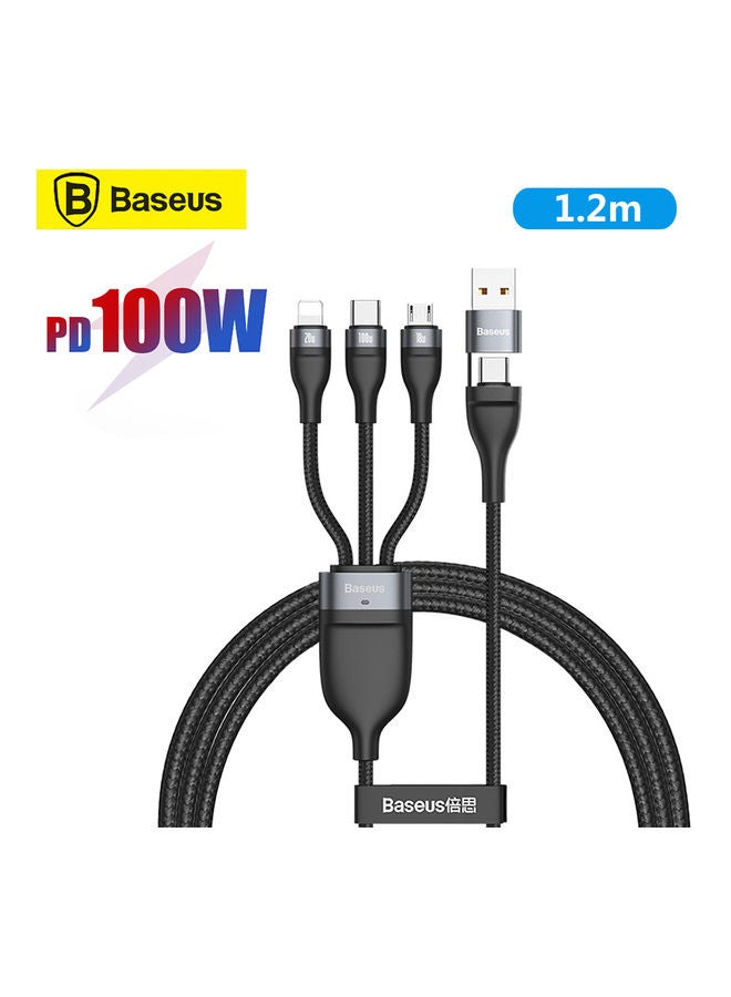 كابل شحن من منفذي USB A و USB C إلى 3 منافذ مايكرو USB ولايتنينج و Type-C من سلسلة فلاش بقدرة 100 وات، متوافق مع هواتف أبل من السلاسل 13 12 11 وماك بوك وآي باد وشاومي وسامسونج وهواوي وغيرها، بطول 1.2 متر أسود