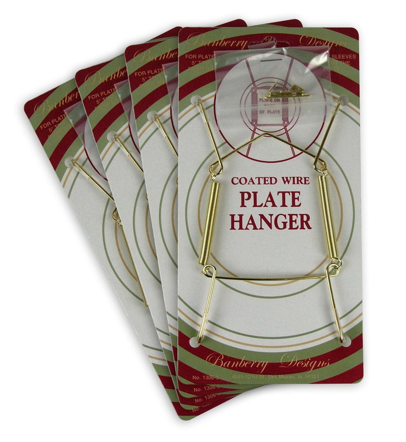Banberry Designs Brass Vinyl Coated Plate Hanger 5 to 7 Inch Plates - Set of 4 - Includes Hook and Nail for Hanging - Image 1