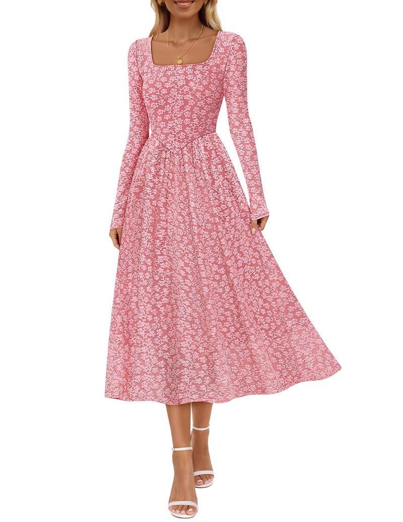 MEROKEETY Women's Floral 2025 Fall Midi Dresses Long Sleeve Square Neck Flowy A Line Wedding Ruched Dress Pockets, Dustypink, Large - Image 1