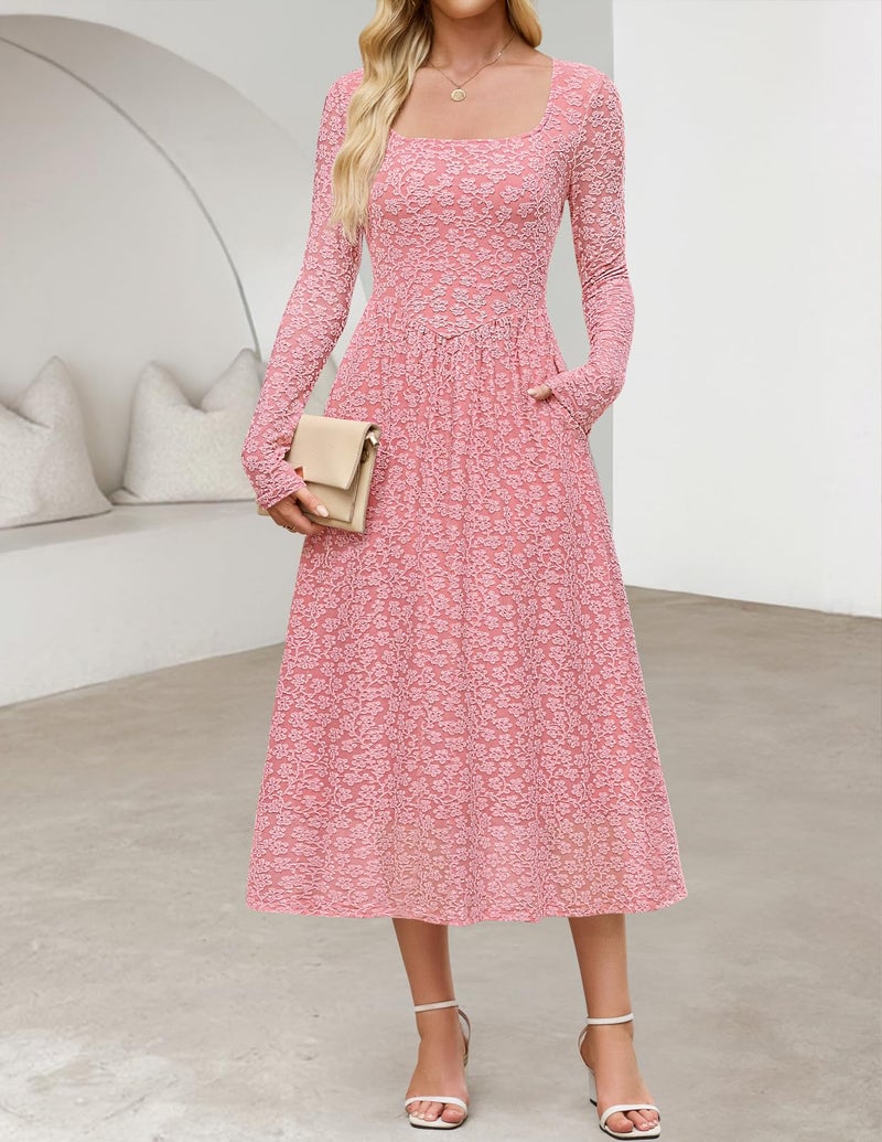 MEROKEETY Women's Floral 2025 Fall Midi Dresses Long Sleeve Square Neck Flowy A Line Wedding Ruched Dress Pockets, Dustypink, Large - Image 3