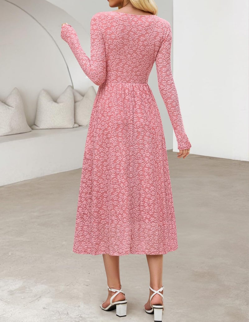 MEROKEETY Women's Floral 2025 Fall Midi Dresses Long Sleeve Square Neck Flowy A Line Wedding Ruched Dress Pockets, Dustypink, Large - Image 4