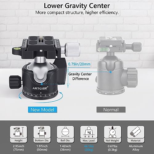 ARTCISE Low Profile Tripod Ball Head 36mm Stability Panoramic Tripod Head 360 Rotating Metal Ballhead with 1/4 inch Arca QR Plate for DSLR Cameras Tripods Monopods Camcorder Slider Max Loading 44.1lbs/20kg - Image 3