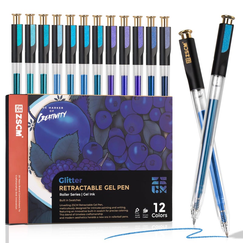 ZSCM Retractable Glitter Gel Pens 12 Colors Large Capacity Blue Glitter Metallic Gel Ink Pen 1 mm Fine Point Smooth Writing Color Pens for Adult Coloring Book Note Taking Aesthetic Art Supplies