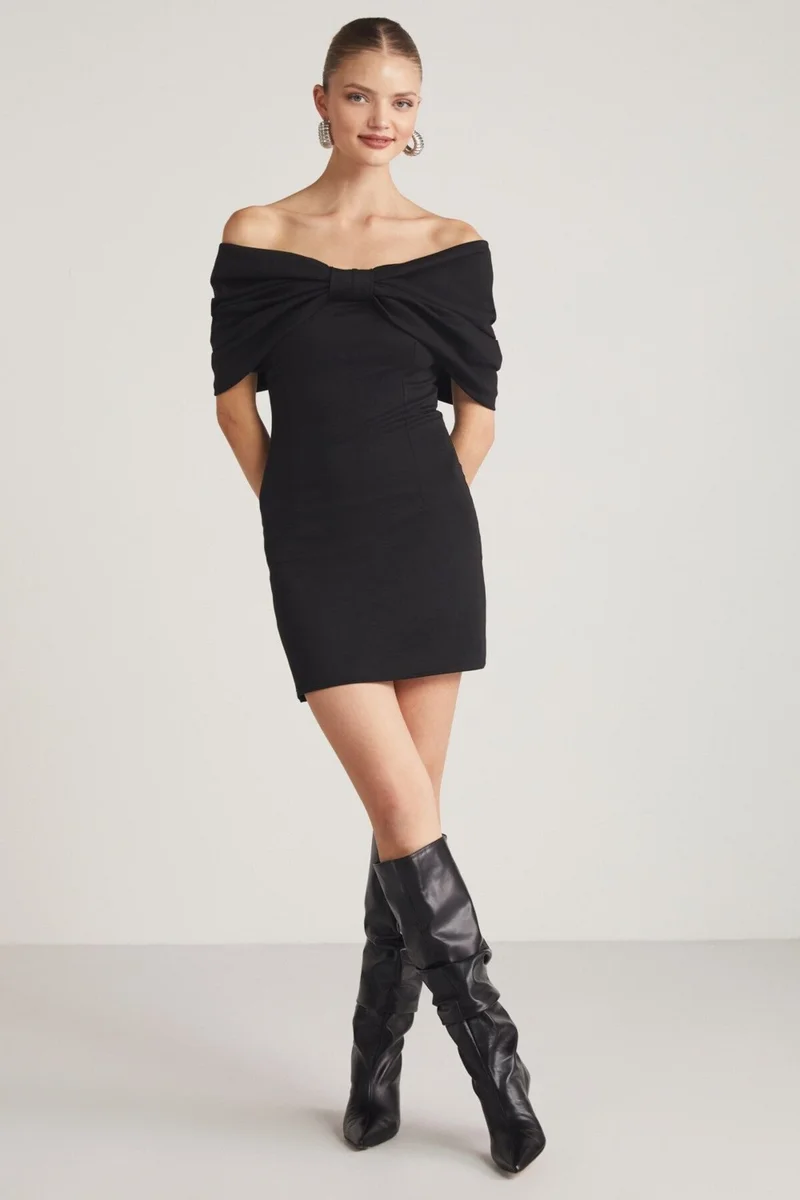 جريميلانج Paola Women's Off-Shoulder Ribbon Model Carmen Collar Steel Interlock Fabric Black Dress