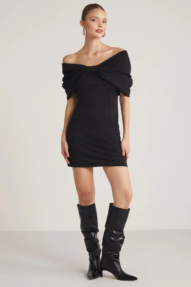 جريميلانج Paola Women's Off-Shoulder Ribbon Model Carmen Collar Steel Interlock Fabric Black Dress