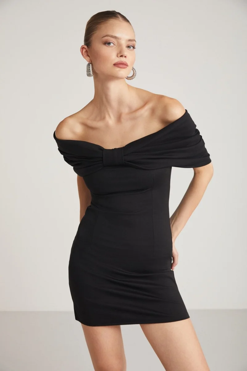 جريميلانج Paola Women's Off-Shoulder Ribbon Model Carmen Collar Steel Interlock Fabric Black Dress