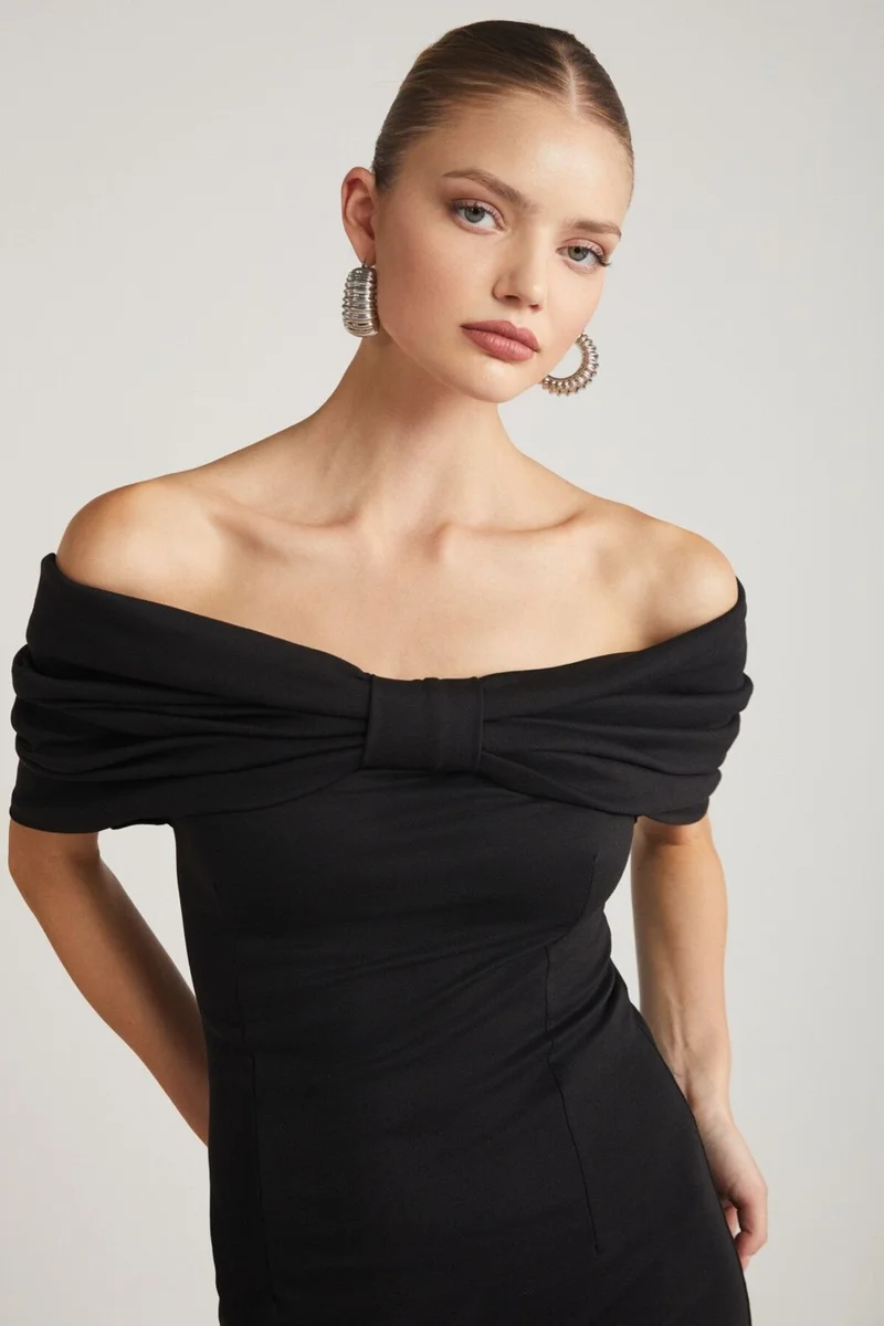 جريميلانج Paola Women's Off-Shoulder Ribbon Model Carmen Collar Steel Interlock Fabric Black Dress