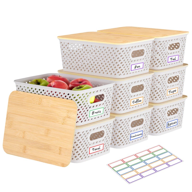 Anysig 8 Packs Plastic Storage Bins with Bamboo Lids  Stackable Storage Bins Decorative Small Basket Containers for Organizing Shelves Office Classroom Desktop Closet Cream White