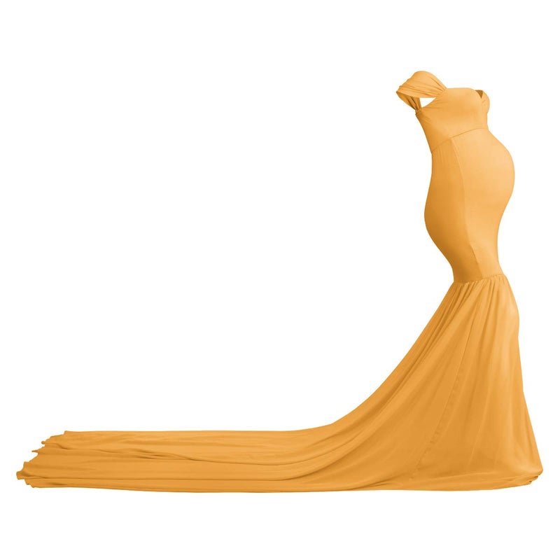 IWEMEK Women Maternity Dress for Photography Mermaid Off Shoulder Elegant Fitted Chiffon Gown Baby Shower Pregnancy Maxi Dresses for Photoshoot Ruched V Neck Long Slim Fit Flowy Photo Props Dress Yellow - Image 2