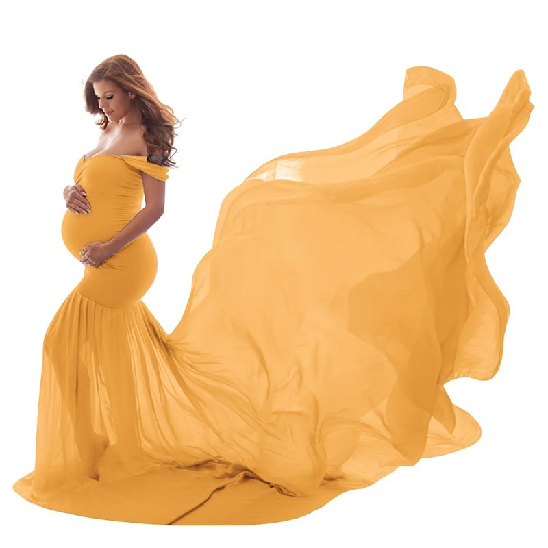 IWEMEK Women Maternity Dress for Photography Mermaid Off Shoulder Elegant Fitted Chiffon Gown Baby Shower Pregnancy Maxi Dresses for Photoshoot Ruched V Neck Long Slim Fit Flowy Photo Props Dress Yellow - Image 1