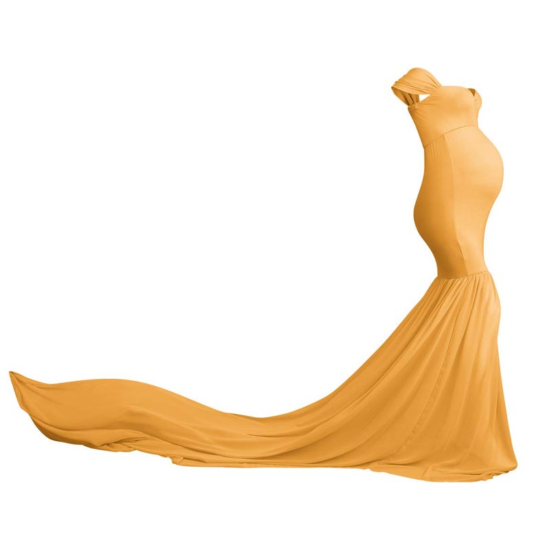 IWEMEK Women Maternity Dress for Photography Mermaid Off Shoulder Elegant Fitted Chiffon Gown Baby Shower Pregnancy Maxi Dresses for Photoshoot Ruched V Neck Long Slim Fit Flowy Photo Props Dress Yellow - Image 3