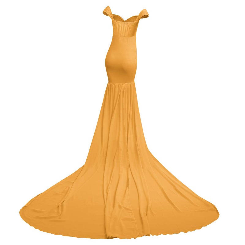 IWEMEK Women Maternity Dress for Photography Mermaid Off Shoulder Elegant Fitted Chiffon Gown Baby Shower Pregnancy Maxi Dresses for Photoshoot Ruched V Neck Long Slim Fit Flowy Photo Props Dress Yellow - Image 5