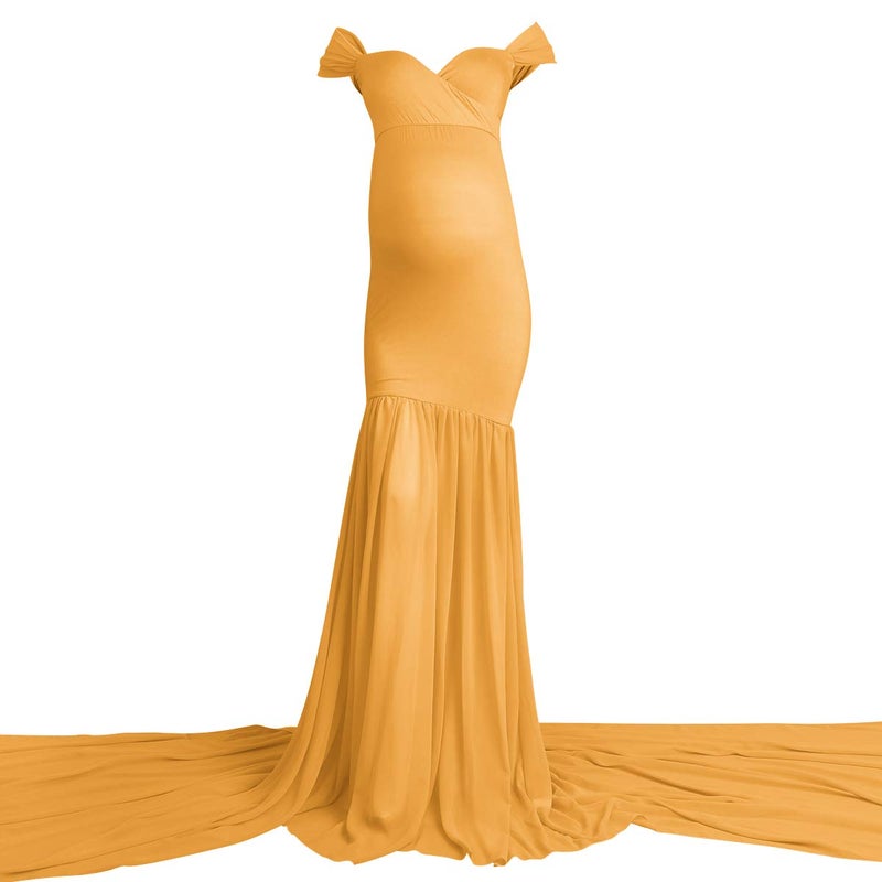 IWEMEK Women Maternity Dress for Photography Mermaid Off Shoulder Elegant Fitted Chiffon Gown Baby Shower Pregnancy Maxi Dresses for Photoshoot Ruched V Neck Long Slim Fit Flowy Photo Props Dress Yellow - Image 4