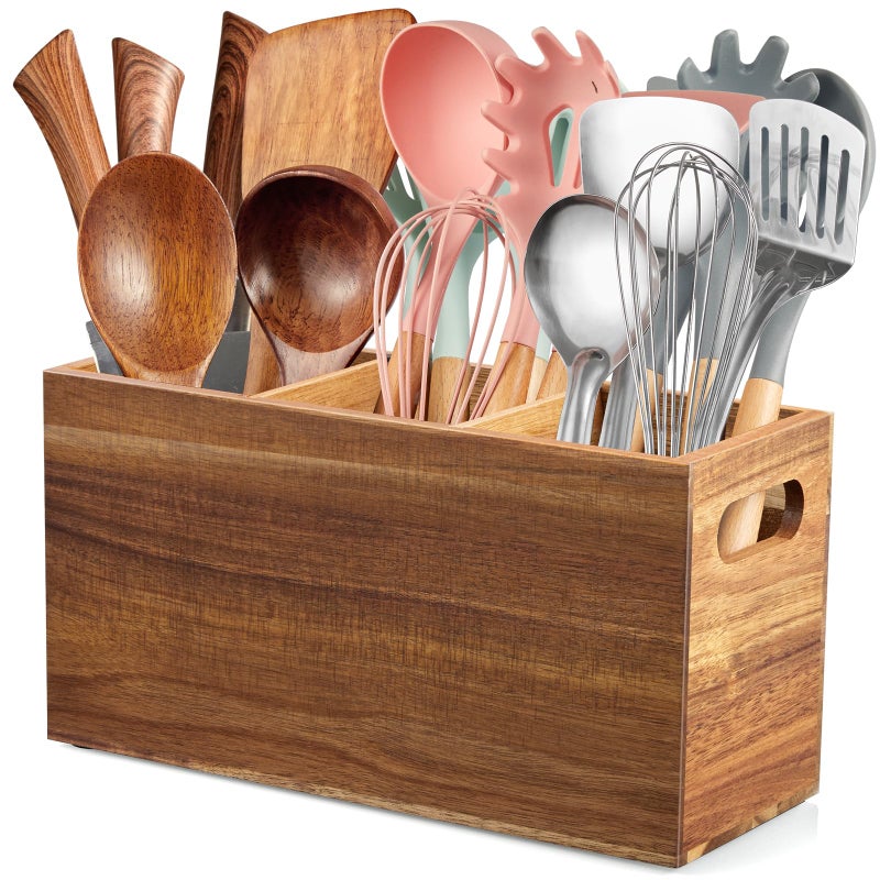 ALELION Acacia Wood Utensil Holder Organizer for Counter Large Wooden Utensil Caddy for Countertop 3 Compartment Cooking Tool Holder for Spatula for Farmhouse Kitchen Decor and Accessories