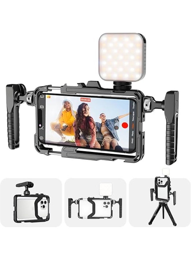 طقم تثبيت فيديو للهاتف: قفص تثبيت للهاتف لتسجيل الفيديو مع مقابض وإضاءة LED وحامل ثلاثي القوائم - لصانعي ومصوري الفيديو - لأجهزة iPhone وSamsung وPixel وغيرها من هواتف Android - Image 1