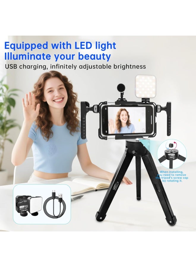 طقم تثبيت فيديو للهاتف: قفص تثبيت للهاتف لتسجيل الفيديو مع مقابض وإضاءة LED وحامل ثلاثي القوائم - لصانعي ومصوري الفيديو - لأجهزة iPhone وSamsung وPixel وغيرها من هواتف Android - Image 2