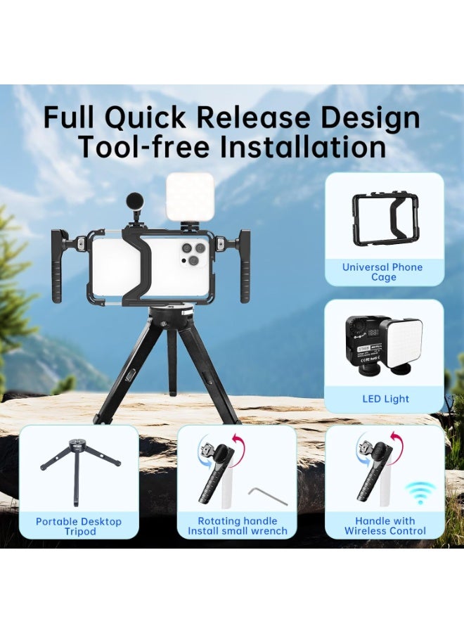 طقم تثبيت فيديو للهاتف: قفص تثبيت للهاتف لتسجيل الفيديو مع مقابض وإضاءة LED وحامل ثلاثي القوائم - لصانعي ومصوري الفيديو - لأجهزة iPhone وSamsung وPixel وغيرها من هواتف Android - Image 3