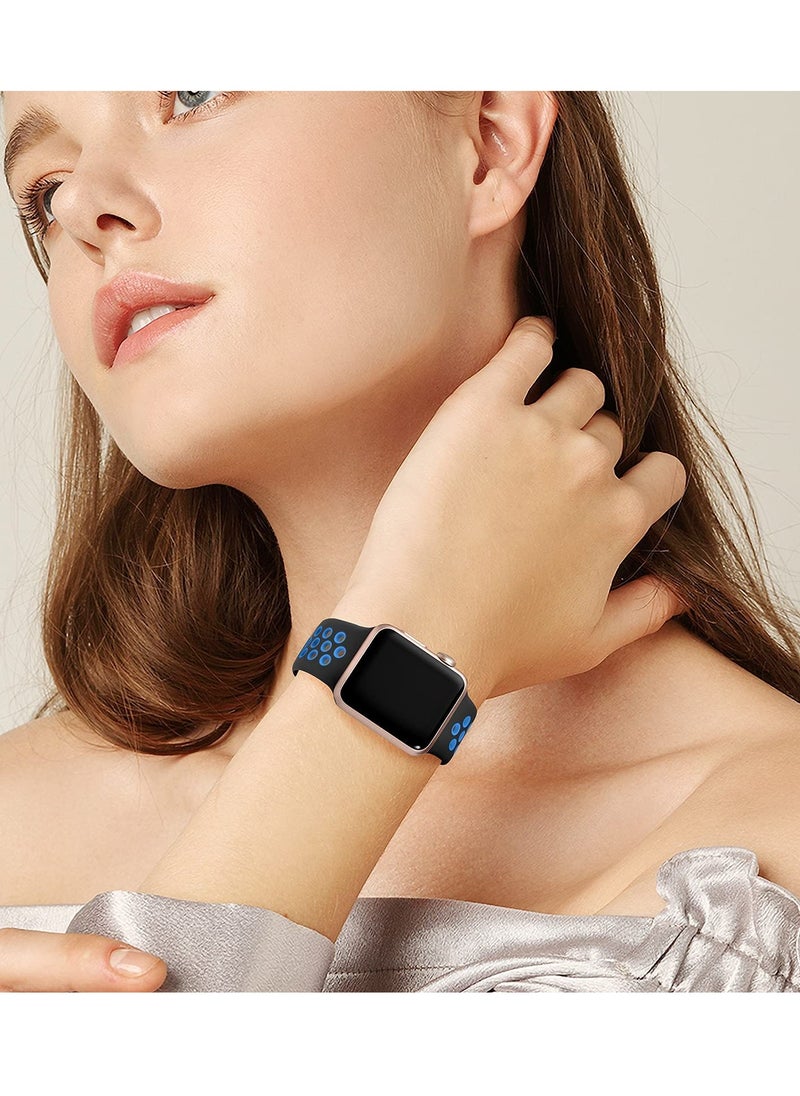 Generic - Compatible for Apple Watch Band 38mm 40mm 41mm 42mm for Women Men, Air Holes Design Soft Silicone Sport Strap Compatible with iWatch Series 10/9/8/7/6/5/4/3/2/1 SE 2/1 Black/Blue - Image 1