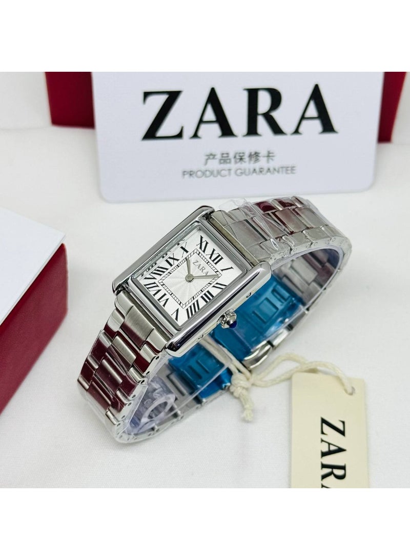ZARA Women's All-Silver Rectangle Watch | White Roman Numerals Dial | Stainless Steel Bracelet