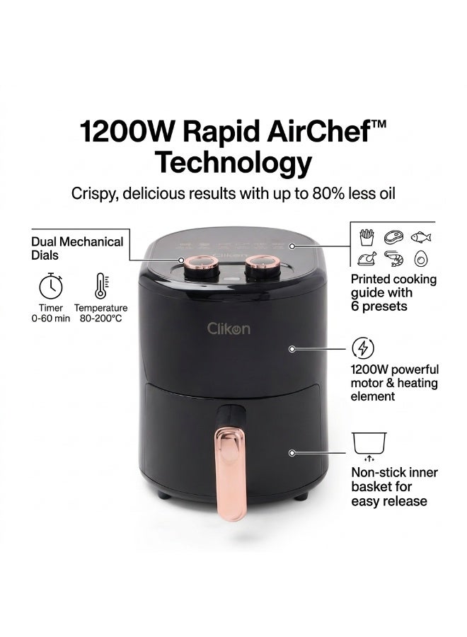 Clikon 1200W Air Fryer | 4L Capacity | Practical Air Cooking | Convenient Kitchen Appliance | 2-Year Warranty | CK353 | Black 4 L 1200 W CK353 Black/Brown - Image 2