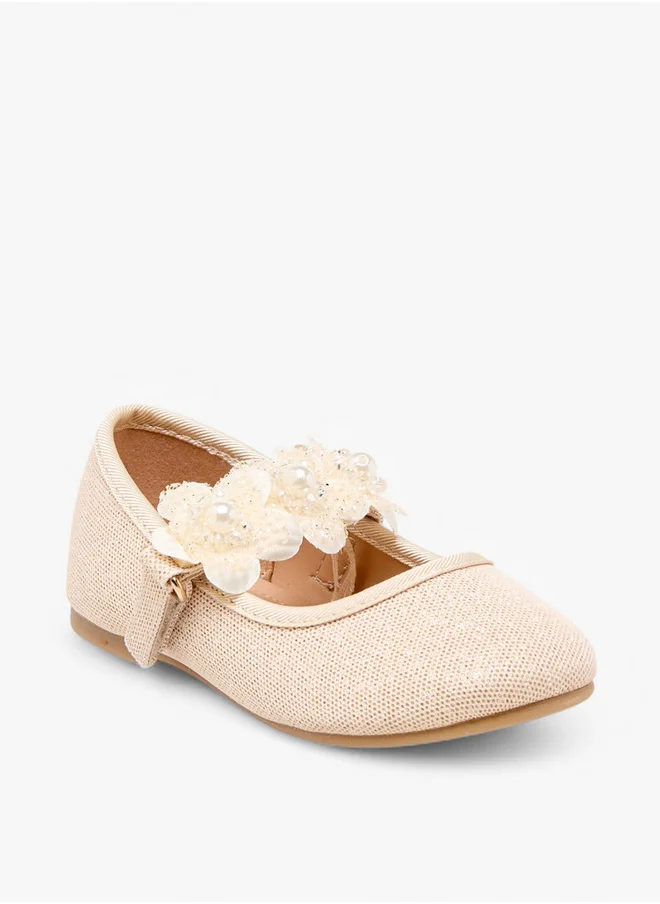 Flora Bella By Shoexpress Girls Floral Applique Ballerina Shoes with Hook and Loop Closure
