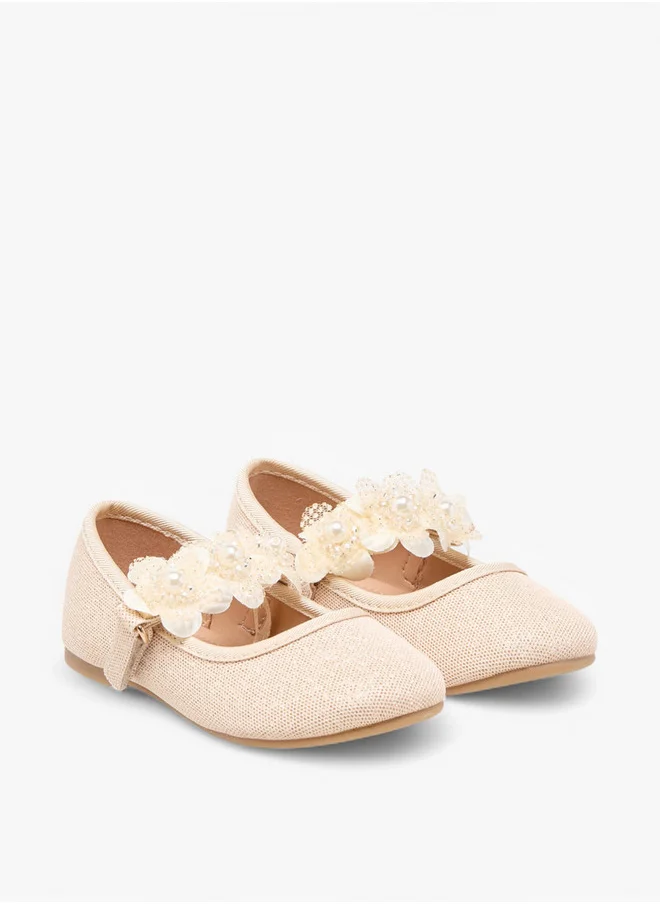 Flora Bella By Shoexpress Girls Floral Applique Ballerina Shoes with Hook and Loop Closure