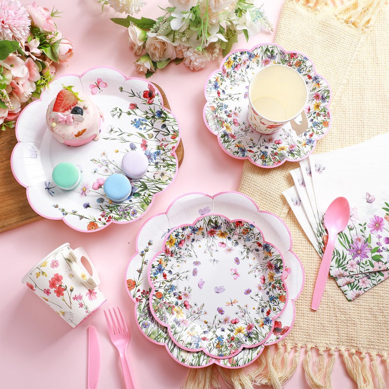 Pickmesh 252 Pcs Floral Tea Party Supplies for 36 Guests Wildflower Paper Disposable Dinnerware Floral Teacups with Handle and Saucers Sets for Tea Party Decorations Birthday Baby Shower Wedding - Image 3