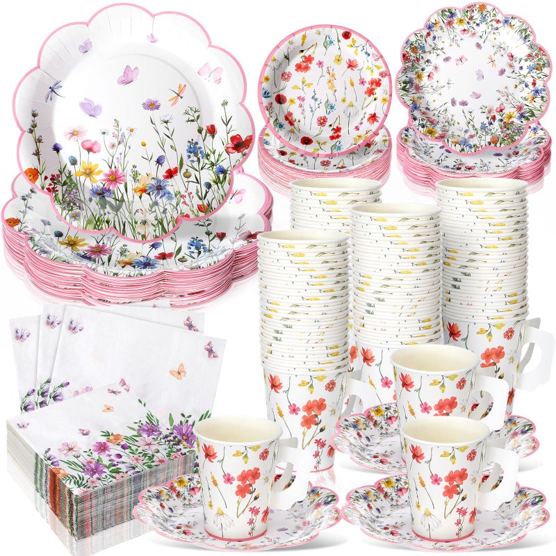 Pickmesh 252 Pcs Floral Tea Party Supplies for 36 Guests Wildflower Paper Disposable Dinnerware Floral Teacups with Handle and Saucers Sets for Tea Party Decorations Birthday Baby Shower Wedding - Image 1