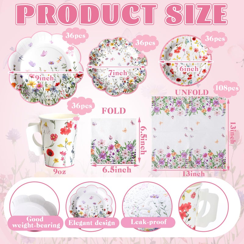 Pickmesh 252 Pcs Floral Tea Party Supplies for 36 Guests Wildflower Paper Disposable Dinnerware Floral Teacups with Handle and Saucers Sets for Tea Party Decorations Birthday Baby Shower Wedding - Image 2