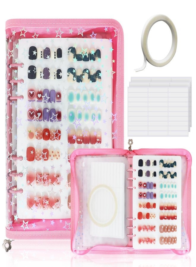 DHATMYC Press On Nail Storage Organizer Binder with 8 Insert Pages - A5 Size Reusable Fake Nail Swatch Star Collecting Book Polish Color Display Holder Container with Tape and Zipper Pocket (PINK) - Image 1