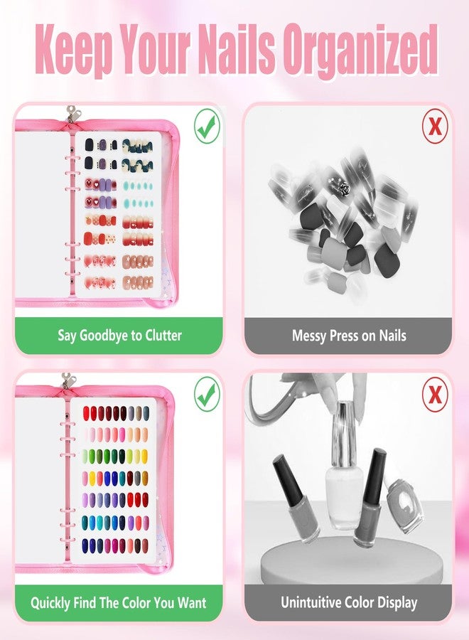 DHATMYC Press On Nail Storage Organizer Binder with 8 Insert Pages - A5 Size Reusable Fake Nail Swatch Star Collecting Book Polish Color Display Holder Container with Tape and Zipper Pocket (PINK) - Image 5