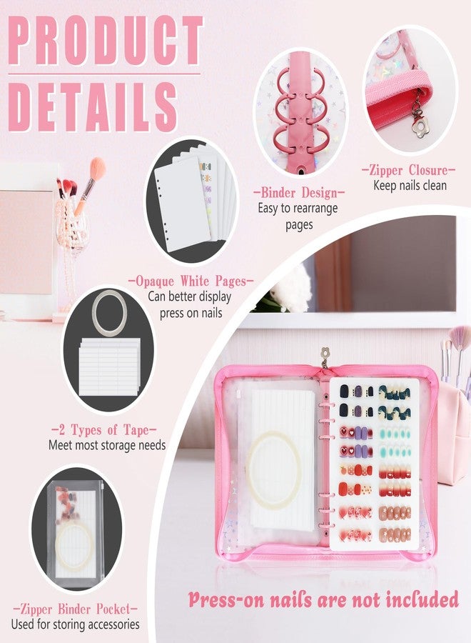 DHATMYC Press On Nail Storage Organizer Binder with 8 Insert Pages - A5 Size Reusable Fake Nail Swatch Star Collecting Book Polish Color Display Holder Container with Tape and Zipper Pocket (PINK) - Image 2