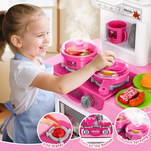 KIZONLY 53 PCS Play Kitchen Pretend Food Set for Kids Ages 36 48 Pink Kitchen Toys with Light Sound and Spraying Sink Toy Accessories Indoor Outdoor Playset for Toddlers 35 Boys Girls 612 - Image 5