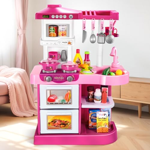 KIZONLY 53 PCS Play Kitchen Pretend Food Set for Kids Ages 36 48 Pink Kitchen Toys with Light Sound and Spraying Sink Toy Accessories Indoor Outdoor Playset for Toddlers 35 Boys Girls 612 - Image 1