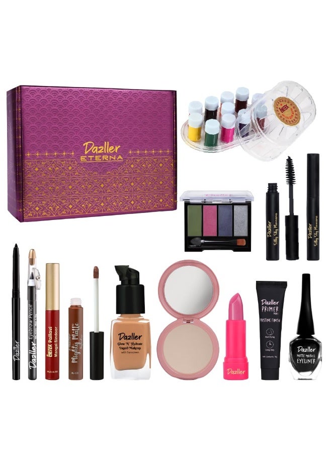 Dazller Grand Glam Kit Primer (Pristine Finish Mini) – 10 g Glow & Hydrate Liquid Makeup (Foundation) – 30 g Compact Powder – 9 g,Eyeshadow Palette – 8 g, Silky Sky Mascara – 4.1 g,Matte Marvel Eyeliner (bottle) – 6 g,Kajal – approx. 1–1.2 g,Eyebrow Pencil – 1.5 g, Mighty Matte Liquid Lipstick – 5 g, Bullet Lipstick – 4 g. Nail Polish (mini bottles) – 6 ml each  Liquid Sindoor – 6 ml - Image 1