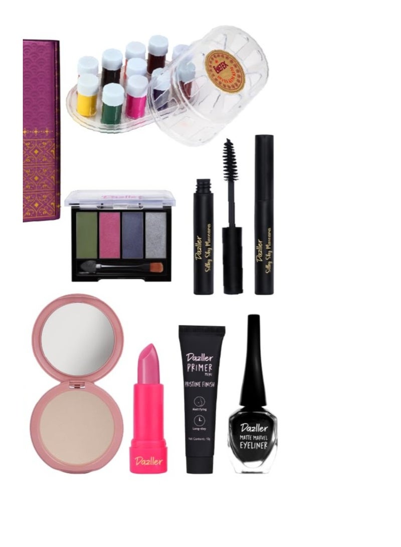 Dazller Grand Glam Kit Primer (Pristine Finish Mini) – 10 g Glow & Hydrate Liquid Makeup (Foundation) – 30 g Compact Powder – 9 g,Eyeshadow Palette – 8 g, Silky Sky Mascara – 4.1 g,Matte Marvel Eyeliner (bottle) – 6 g,Kajal – approx. 1–1.2 g,Eyebrow Pencil – 1.5 g, Mighty Matte Liquid Lipstick – 5 g, Bullet Lipstick – 4 g. Nail Polish (mini bottles) – 6 ml each  Liquid Sindoor – 6 ml - Image 3