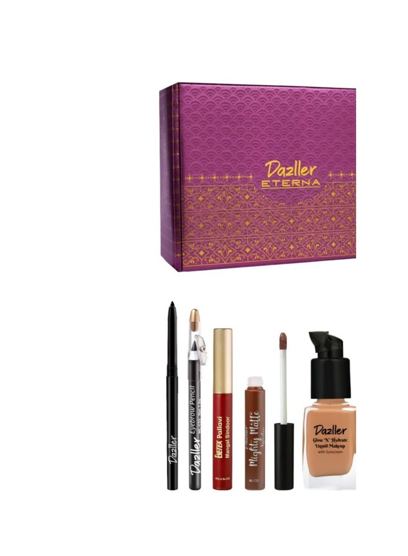 Dazller Grand Glam Kit Primer (Pristine Finish Mini) – 10 g Glow & Hydrate Liquid Makeup (Foundation) – 30 g Compact Powder – 9 g,Eyeshadow Palette – 8 g, Silky Sky Mascara – 4.1 g,Matte Marvel Eyeliner (bottle) – 6 g,Kajal – approx. 1–1.2 g,Eyebrow Pencil – 1.5 g, Mighty Matte Liquid Lipstick – 5 g, Bullet Lipstick – 4 g. Nail Polish (mini bottles) – 6 ml each  Liquid Sindoor – 6 ml - Image 2