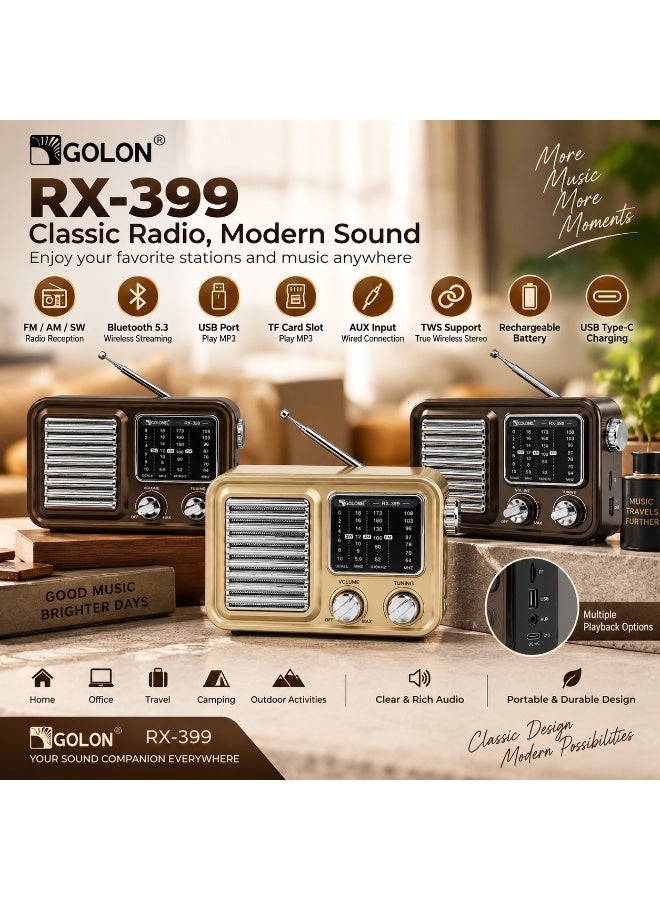 Golon RX399 Bluetooth Wireless Audio Radio with 3 Band FM/AM/SW Radio - Image 2